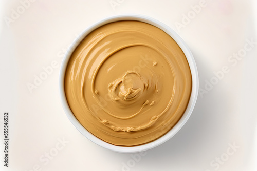 Top view of a bowl of peanut butter isolated on a white background. Generative AI