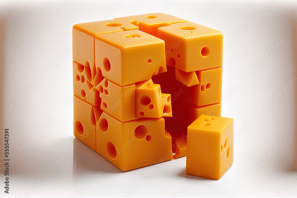 Obraz premium Cheddar cheese cubes set apart on white. Generative AI