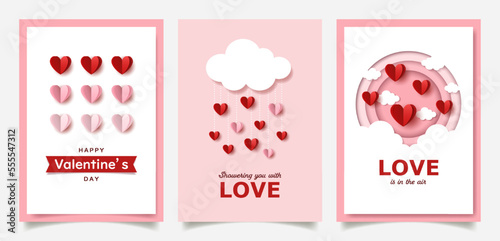 Set of Valentine's Day greeting cards with paper cut hearts and elements.