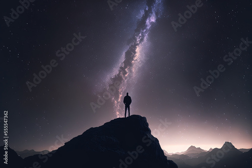 A scene with the milky way, stars, and a silhouette of a guy standing on a mountain. Generative AI