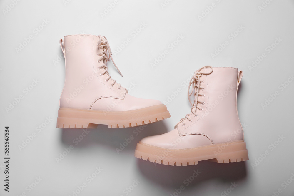 Pair of stylish leather shoes on white background, flat lay Pair of stylish leather shoes on white background, flat lay