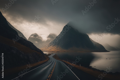 Beautiful landscape on a road in Norway on a dark day with a foggy backdrop. Generative AI