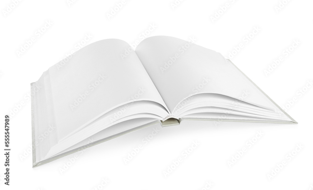 One open hardcover book isolated on white
