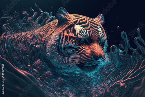Angry tiger head with creative abstract elements on Vibrant colorful background. Water elements