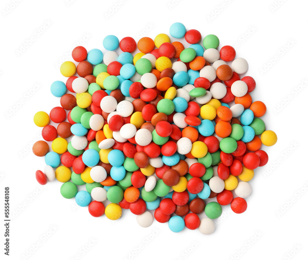 Many small colorful candies on white background, top view Many small colorful candies on white background, top view