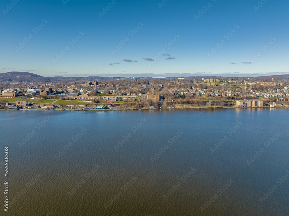 Scenic winter morning aerial photo of Newburgh, NY from the Hudson River looking west, December 20, 2022
