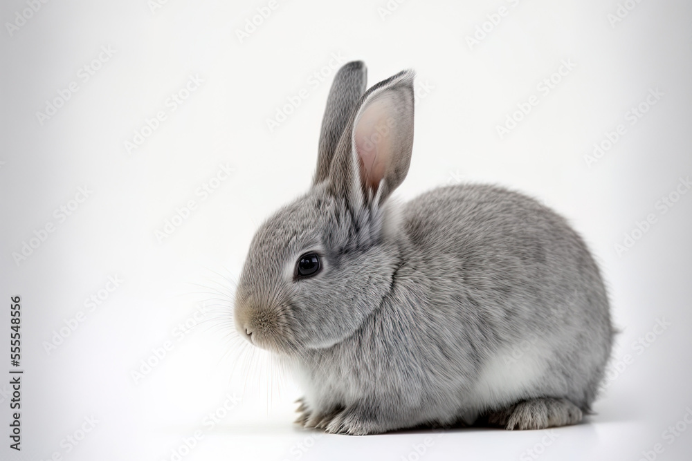 Obraz premium Cute little gray rabbit resting alone on a white backdrop. Lovely movement by the juvenile rabbit. Generative AI