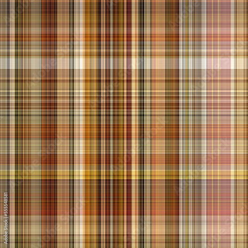 Woodland brown tartan seamless pattern textile. Tonal autumnal forest plaid with organic texture. Background of orange stripe for rough wallpaper. 