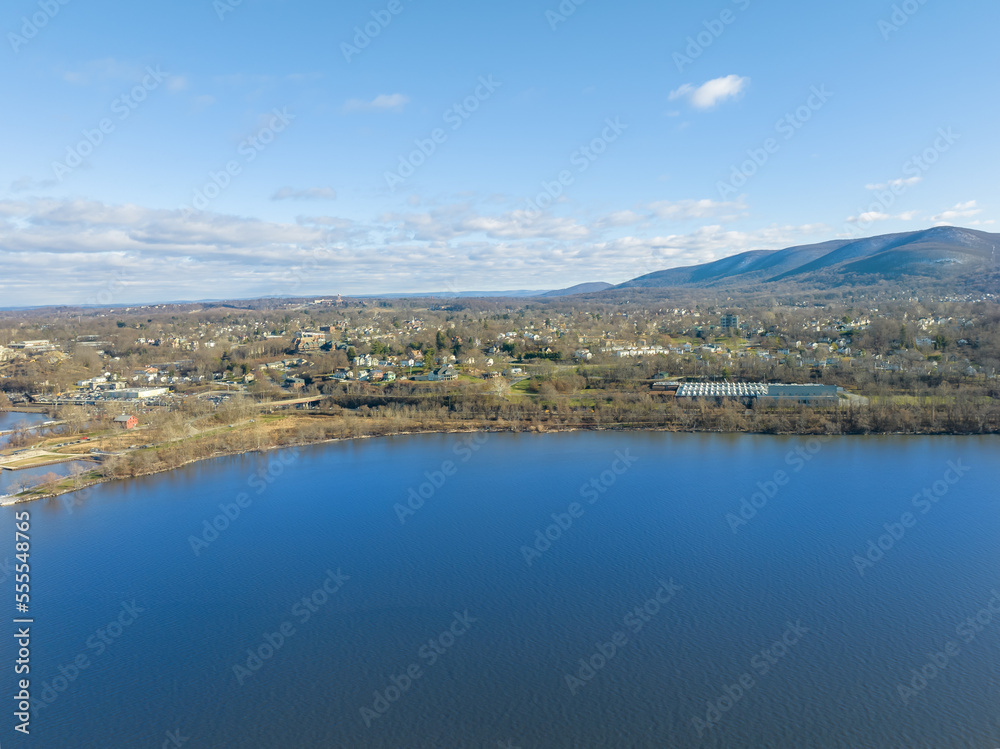 Scenic winter morning aerial photo of Beacon, NY from the Hudson River looking east, December 20, 2022
