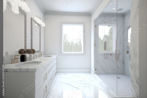 Bathroom made of white wood with a glass shower and two sinks. Modern bathroom with a minimalistic decor  a marble floor  and no people. Generative AI