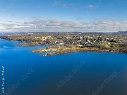 Scenic winter morning aerial photo of Beacon, NY from the Hudson River looking east, December 20, 2022 