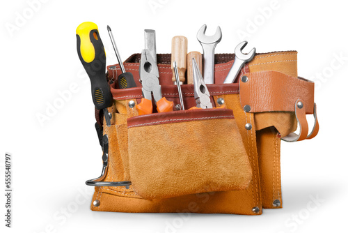 Leather bag with a set of worker tools photo