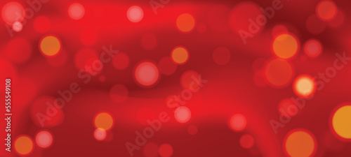 Gold Red Xmas blurred blurry bokeh light background with winter landscape with snowflakes, light, stars. Merry Christmas card. Vector Illustration