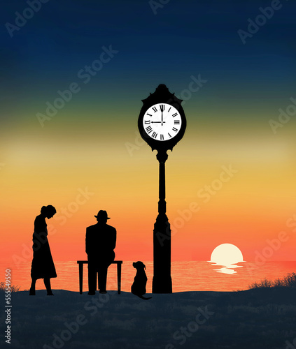 Canvas Print A young woman stands nearby as her elderly father and his dog pass the time watching a sunset