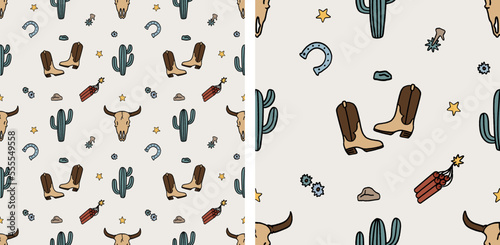 Cowboy Western Boho Nursery Pattern Cactus Cowboy Boots Cute Cartoon Illustration Seamless Vector Hand-Drawn