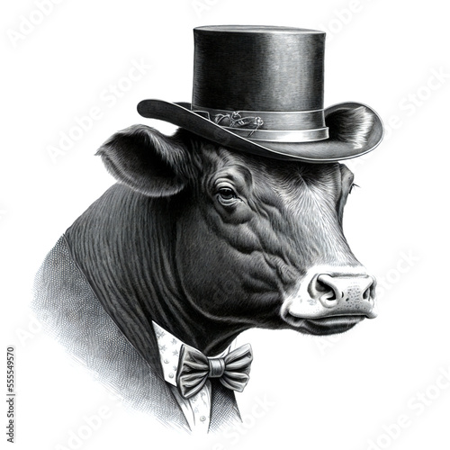 Photographie Elegant bull head with top hat and bow tie.