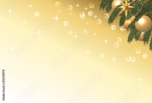 A graphic vector panel with a Christmas tree bough in the upper right corner. Includes golden ornaments, bokeh, and sparkles.