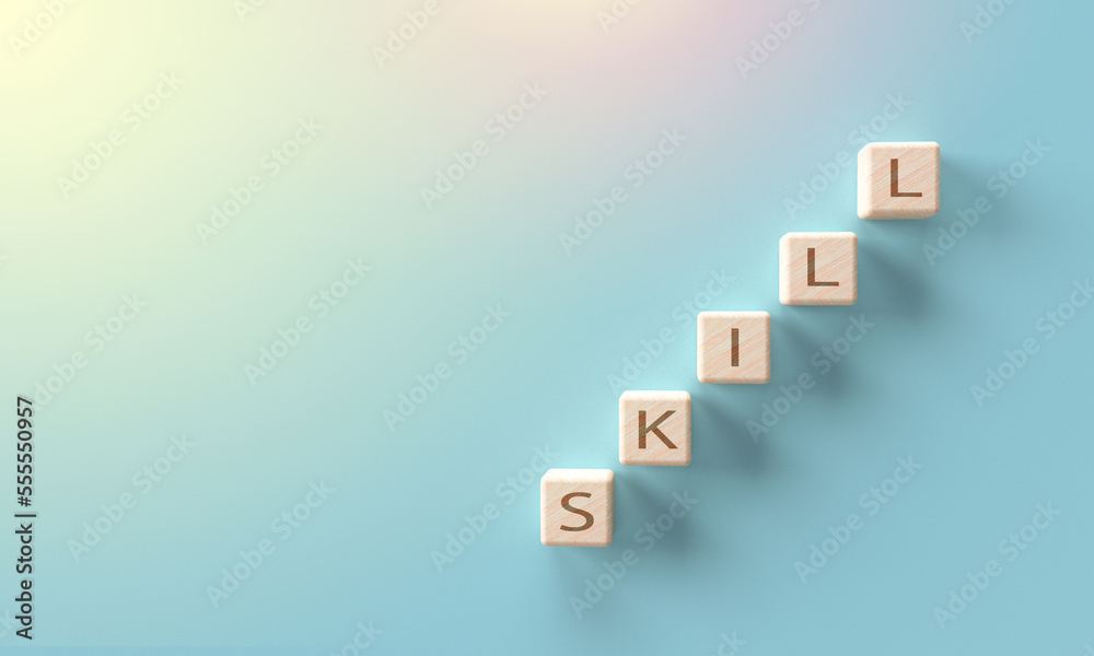 Skill font text cube wooden step staircase process blue background copy space symbol decoration ornament business hr human resource management risk game strategy education learning growth leadership Skill font text cube wooden step staircase process blue background copy space symbol decoration ornament business hr human resource management risk game strategy education learning growth leadership