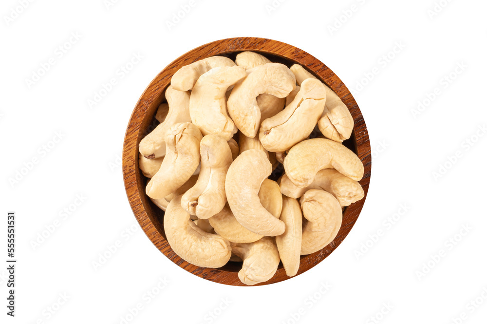 Bowl of cashew nuts isolated on white background. Top view Bowl of cashew nuts isolated on white background. Top view