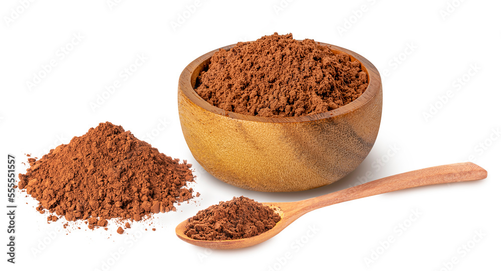 Cocoa powder in wooden bowl and spoon on white background. Cocoa powder in wooden bowl and spoon on white background.