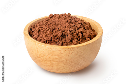 Bowl of cocoa powder on white background.