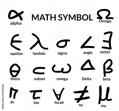 Collection of math symbols in hand drawn style, omega, delta, theta, alpha, lambda, sigma, pi, eta, epsilon, beta. school, study