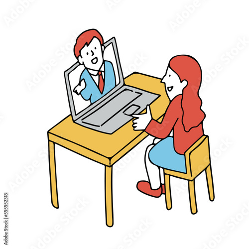 オンラインで話す男女のイラスト　ウェビナー　オンラインセミナーに参加する女性