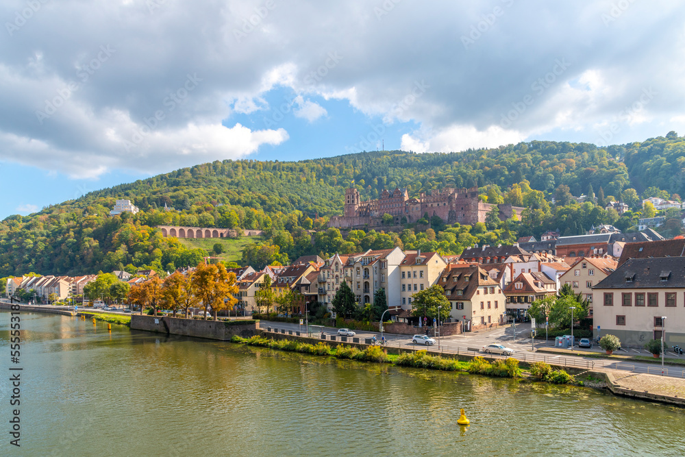 The medieval castle complex above the old town Altstadt of the Bavarian city of Heidelberg Germany at autumn.