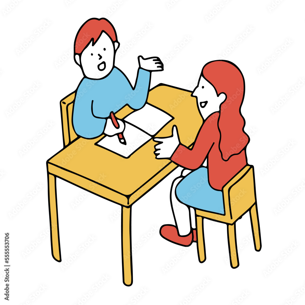 テーブルをはさんで会話する男女のイラスト 1on1 テーブルをはさんで会話する男女のイラスト 1on1