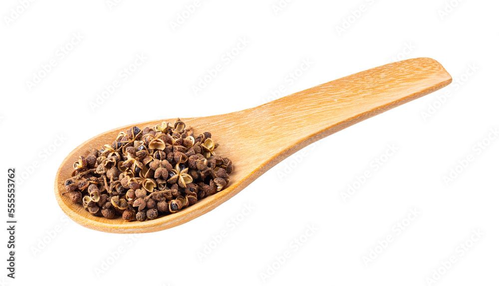 Szetchwan pepper in wood spoon on transparent png