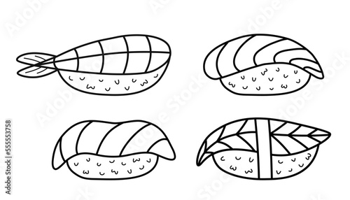 Set of nigiri sushi. Sushi with eel, shrimp, salmon and tuna. Traditional Japanese food. Doodle sketch style. Vector illustration isolated on white background.