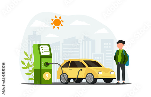 Electric car charging station with person, solar energy, electric vehicle and city background, future innovative technology and alternative save energy concept. Vector illustration