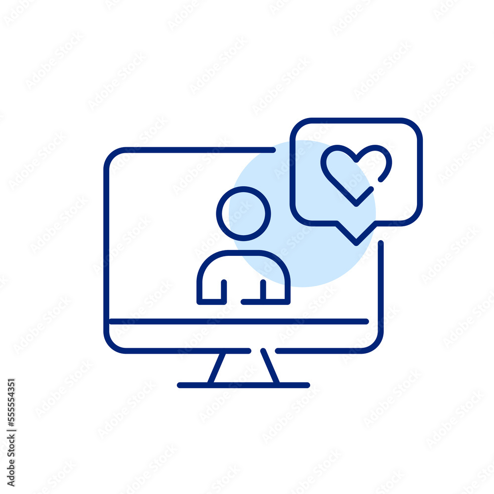 User profile on a computer monitor with like message. Pixel perfect, editable stroke line icon User profile on a computer monitor with like message. Pixel perfect, editable stroke line icon