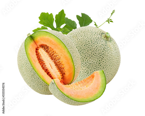 ripe melon with slice and leaf isolated on transparent png