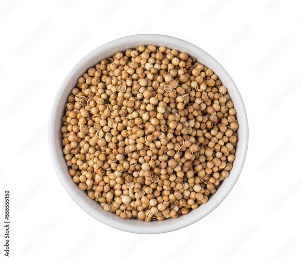 Coriander seeds in white bowl isolated on transparent png