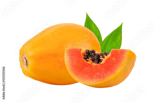 ripe papaya fruit with leaf isolated on transparent png