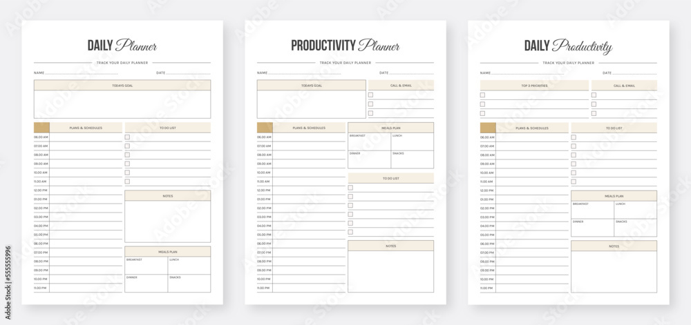 Vecteur Stock Daily Planner Template Set. Daily Planner Printable