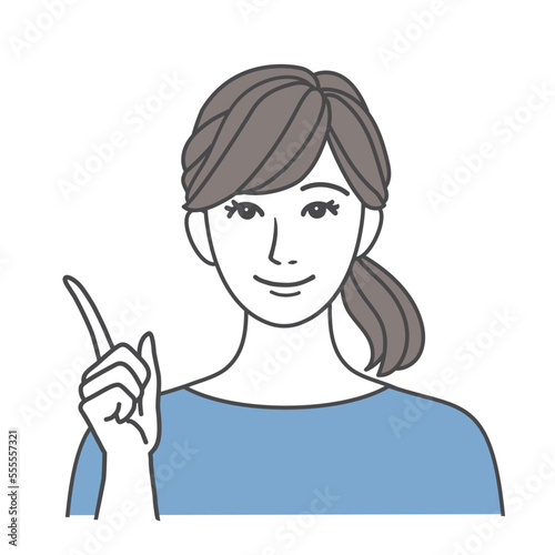 指差しポーズで説明をするシンプルな可愛い女性のイラスト素材 青