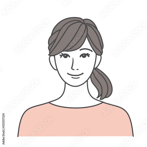 指差しポーズで説明をするシンプルで可愛い女性のイラスト素材 ピンク