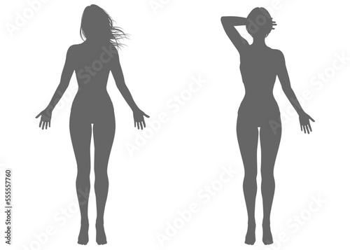 ロングヘアとショートヘアの女性の全身正面（背面）のシルエットセット 
