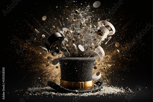 Top Hat exploding with confetti, fireworks and sequins, new years eve party celebration, black white and gold Generative AI © Kelly Cree