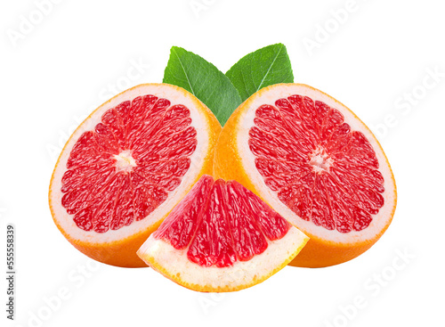 Ripe half of pink grapefruit citrus fruit with leaf isolated on transparent png