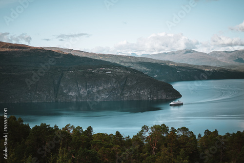 Mountains during moody weather in autumn Norway with a fjord.