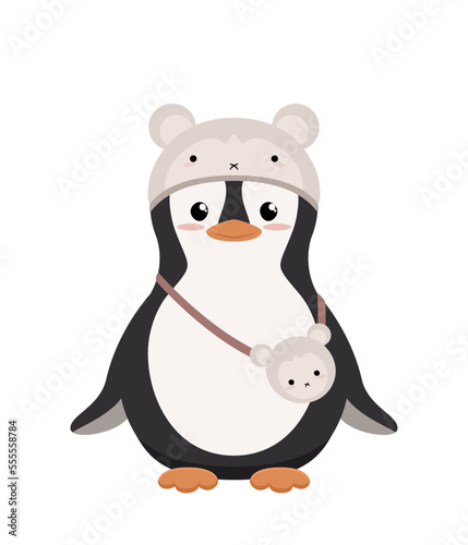 Pingwin w beżowej czapce misiu i z małą torebką misiem. Urocza zimowa ilustracja. Wektorowa ilustracja w płaskim stylu.