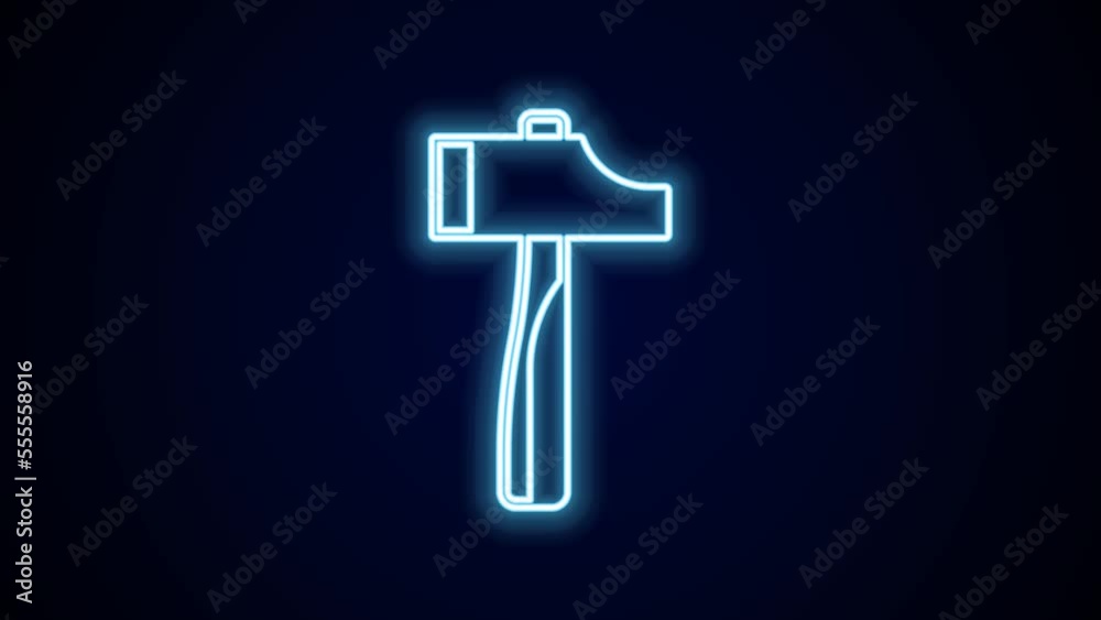 Glowing neon line Hammer icon isolated on black background. Tool for repair. 4K Video motion graphic animation