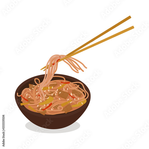 Soba buckwheat noodles with chicken and vegetables on sticks