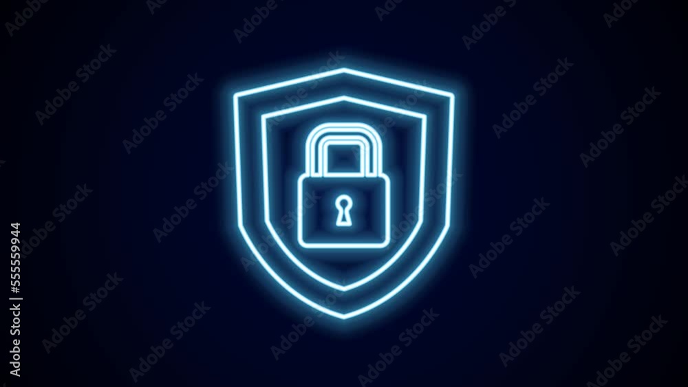 Glowing neon line Shield security with lock icon isolated on black background. Protection, safety, password security. Firewall access privacy sign. 4K Video motion graphic animation Glowing neon line Shield security with lock icon isolated on black background. Protection, safety, password security. Firewall access privacy sign. 4K Video motion graphic animation