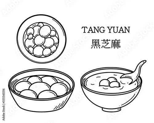 Tang yuan translation from Chinese sweet dumpling soup vector illustration. Chinese New year dessert tangyuan in doodle style.