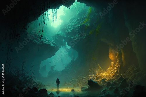 Dark cave  underwater diver  and cavern scenery. Generative AI