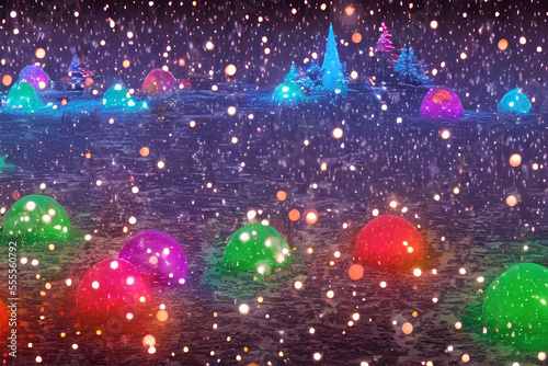 magnific christmas landscape with floating islands colorful volumetric lights, Generative AI technology photo